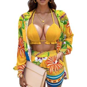 image:imageUOUA 3 Piece Swimsuits for Women Hawaiian Outfits Floral Tropical Bikini amp Short Sets Summer Beach Sexy Cover Ups Luau PartyYellow