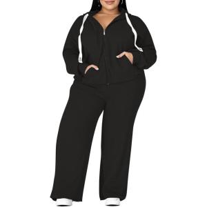image:imageUOUA Plus Size Womens 2 Piece Sweatsuits Outfits Zip Up Jackets amp Wide Leg Sweatpants Casual Loungewear Tracksuit SetsBlack