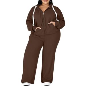 image:imageUOUA Plus Size Womens 2 Piece Sweatsuits Outfits Zip Up Jackets amp Wide Leg Sweatpants Casual Loungewear Tracksuit SetsBrown
