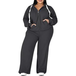 image:imageUOUA Plus Size Womens 2 Piece Sweatsuits Outfits Zip Up Jackets amp Wide Leg Sweatpants Casual Loungewear Tracksuit SetsDark Grey