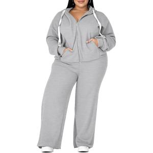 image:imageUOUA Plus Size Womens 2 Piece Sweatsuits Outfits Zip Up Jackets amp Wide Leg Sweatpants Casual Loungewear Tracksuit SetsMottle Grey