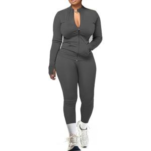 image:imageUOUA Two Piece Outfits Women Tracksuit Sets Long Sleeve Zip Up Jacket amp Leggings for Gym Workout SetDarkgrey