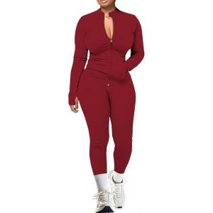 image:imageUOUA Two Piece Outfits Women Tracksuit Sets Long Sleeve Zip Up Jacket amp Leggings for Gym Workout SetDarkred