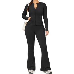 image:imageUOUA Womens 2 Piece Set Long Sleeve Jacket amp Ankle Length Workout Flare Leggings Casual Matching Outfit Tracksuit SweatsuitBlack