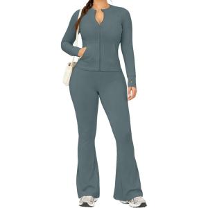 image:imageUOUA Womens 2 Piece Set Long Sleeve Jacket amp Ankle Length Workout Flare Leggings Casual Matching Outfit Tracksuit SweatsuitGreyblue