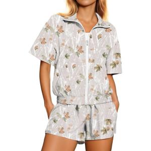 image:imageUOUA Womens 80s Color Block Outfits 2 Piece Tracksuit 90s Party Costume Summer Zip Up Windbreaker amp Short SetsBeige Branches