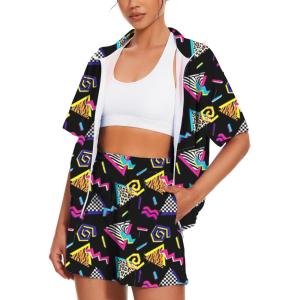 image:imageUOUA Womens 80s Color Block Outfits 2 Piece Tracksuit 90s Party Costume Summer Zip Up Windbreaker amp Short SetsBlackprint