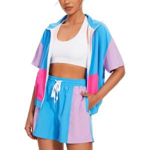 image:imageUOUA Womens 80s Color Block Outfits 2 Piece Tracksuit 90s Party Costume Summer Zip Up Windbreaker amp Short SetsBlue