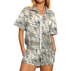 image:imageUOUA Womens 80s Color Block Outfits 2 Piece Tracksuit 90s Party Costume Summer Zip Up Windbreaker amp Short SetsBrown Leaves