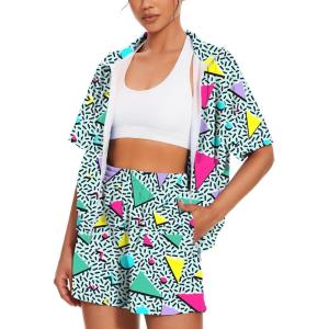 image:imageUOUA Womens 80s Color Block Outfits 2 Piece Tracksuit 90s Party Costume Summer Zip Up Windbreaker amp Short SetsGreenishprint