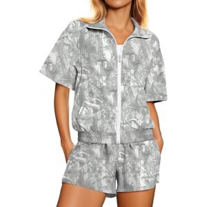 image:imageUOUA Womens 80s Color Block Outfits 2 Piece Tracksuit 90s Party Costume Summer Zip Up Windbreaker amp Short SetsGrey Leaves