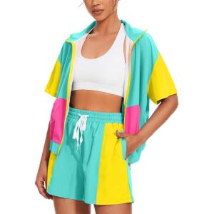 image:imageUOUA Womens 80s Color Block Outfits 2 Piece Tracksuit 90s Party Costume Summer Zip Up Windbreaker amp Short SetsMintgreen