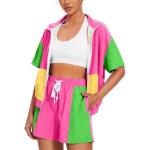 image:imageUOUA Womens 80s Color Block Outfits 2 Piece Tracksuit 90s Party Costume Summer Zip Up Windbreaker amp Short SetsPink