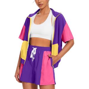image:imageUOUA Womens 80s Color Block Outfits 2 Piece Tracksuit 90s Party Costume Summer Zip Up Windbreaker amp Short SetsPurple