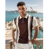 image:imageUOUA Mens 14 Zip Polo Shirts Summer Short Sleeve Sweatshirts Vintage Striped Texture Tops Casual Golf TeeBrown Stripe Beige