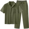 image:imageUOUA Mens 2 Piece Outfit Summer Beach Button Down Shirt Casual Loose Pant SetsArmy Green