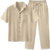 image:imageUOUA Mens 2 Piece Outfit Summer Beach Button Down Shirt Casual Loose Pant SetsBeige