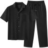 image:imageUOUA Mens 2 Piece Outfit Summer Beach Button Down Shirt Casual Loose Pant SetsBlack