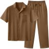 image:imageUOUA Mens 2 Piece Outfit Summer Beach Button Down Shirt Casual Loose Pant SetsKhaki