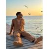 image:imageUOUA Mens 2 Piece Outfit Summer Beach Button Down Shirt Casual Loose Pant SetsKhaki