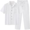 image:imageUOUA Mens 2 Piece Outfit Summer Beach Button Down Shirt Casual Loose Pant SetsWhite