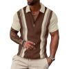image:imageUOUA Mens 14 Zip Polo Shirts Summer Short Sleeve Sweatshirts Vintage Striped Texture Tops Casual Golf TeeBrown Stripe Beige