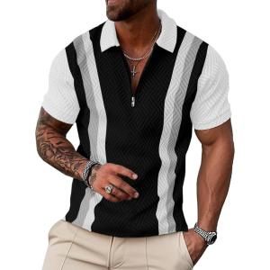 image:imageUOUA Mens 14 Zip Polo Shirts Summer Short Sleeve Sweatshirts Vintage Striped Texture Tops Casual Golf TeeBlack Stripe White