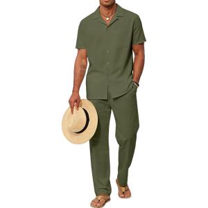 image:imageUOUA Mens 2 Piece Outfit Summer Beach Button Down Shirt Casual Loose Pant SetsArmy Green