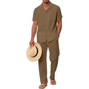 image:imageUOUA Mens 2 Piece Outfit Summer Beach Button Down Shirt Casual Loose Pant SetsKhaki