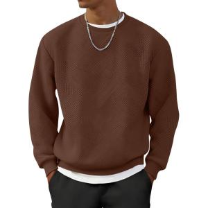 image:imageUOUA Mens Crewneck Sweatshirt Jacquard Texture Pullover Casual Long Sleeve Shirt for Fall WinterBrown