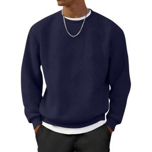 image:imageUOUA Mens Crewneck Sweatshirt Jacquard Texture Pullover Casual Long Sleeve Shirt for Fall WinterNavy Blue
