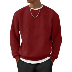 image:imageUOUA Mens Crewneck Sweatshirt Jacquard Texture Pullover Casual Long Sleeve Shirt for Fall WinterWine