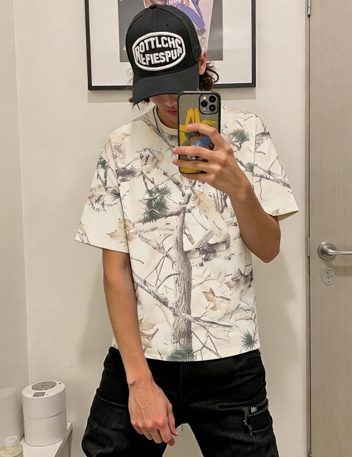 image:imageUOUA Mens Graphic Tees Vintage TShirts Oversized Letter Print Casual Crewneck Cotton Top Short Sleeve Rapper StreetwearApricot Leaves