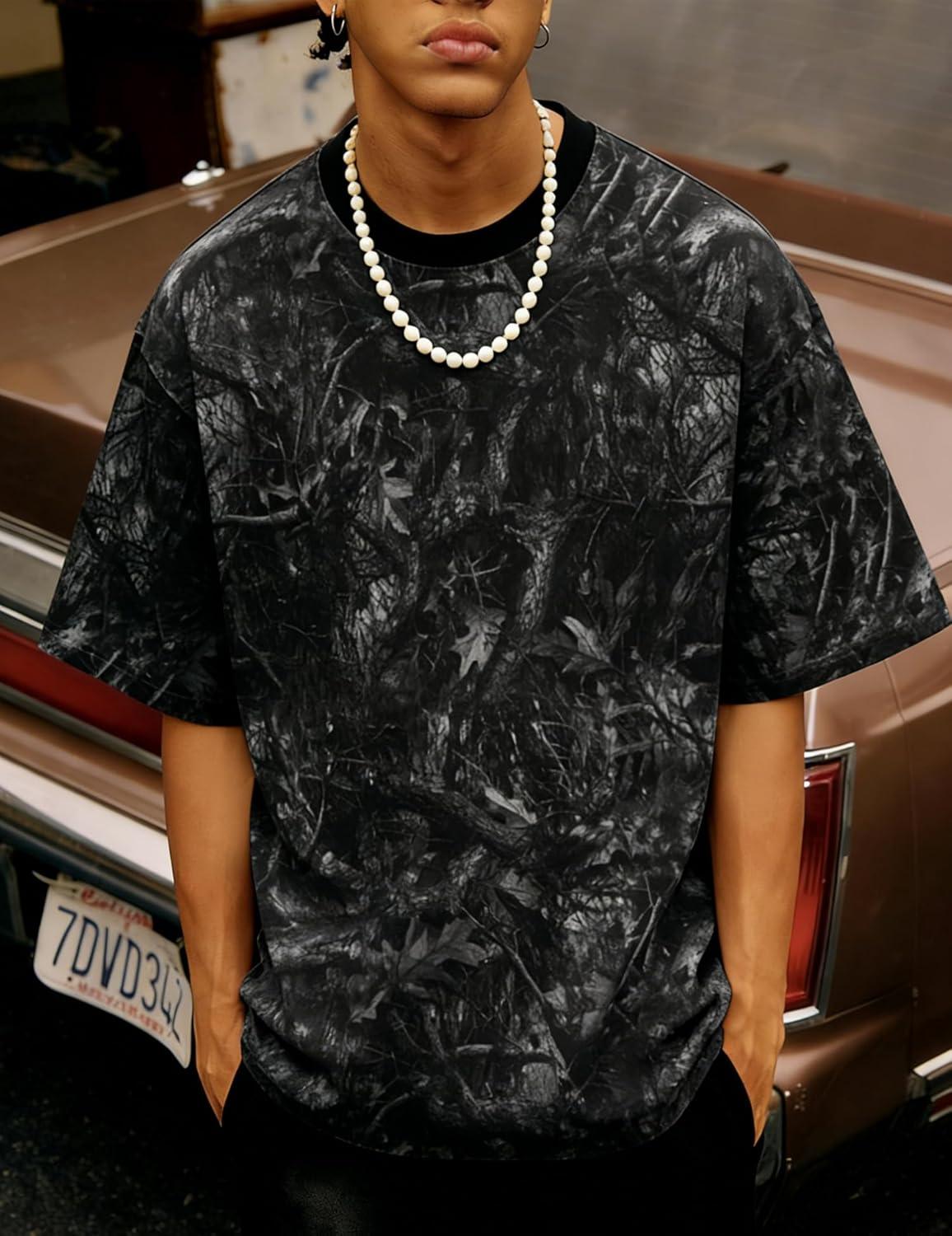 image:imageUOUA Mens Graphic Tees Vintage TShirts Oversized Letter Print Casual Crewneck Cotton Top Short Sleeve Rapper StreetwearBlack Leaves