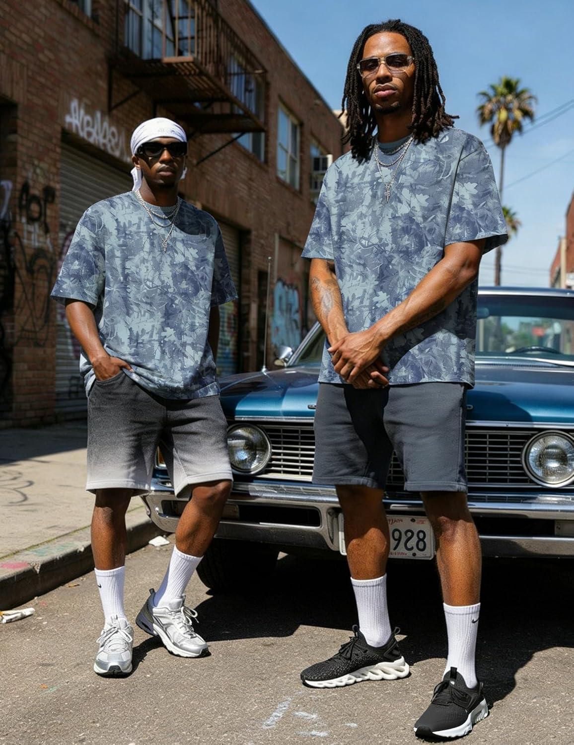 image:imageUOUA Mens Graphic Tees Vintage TShirts Oversized Letter Print Casual Crewneck Cotton Top Short Sleeve Rapper StreetwearBlue Leaves