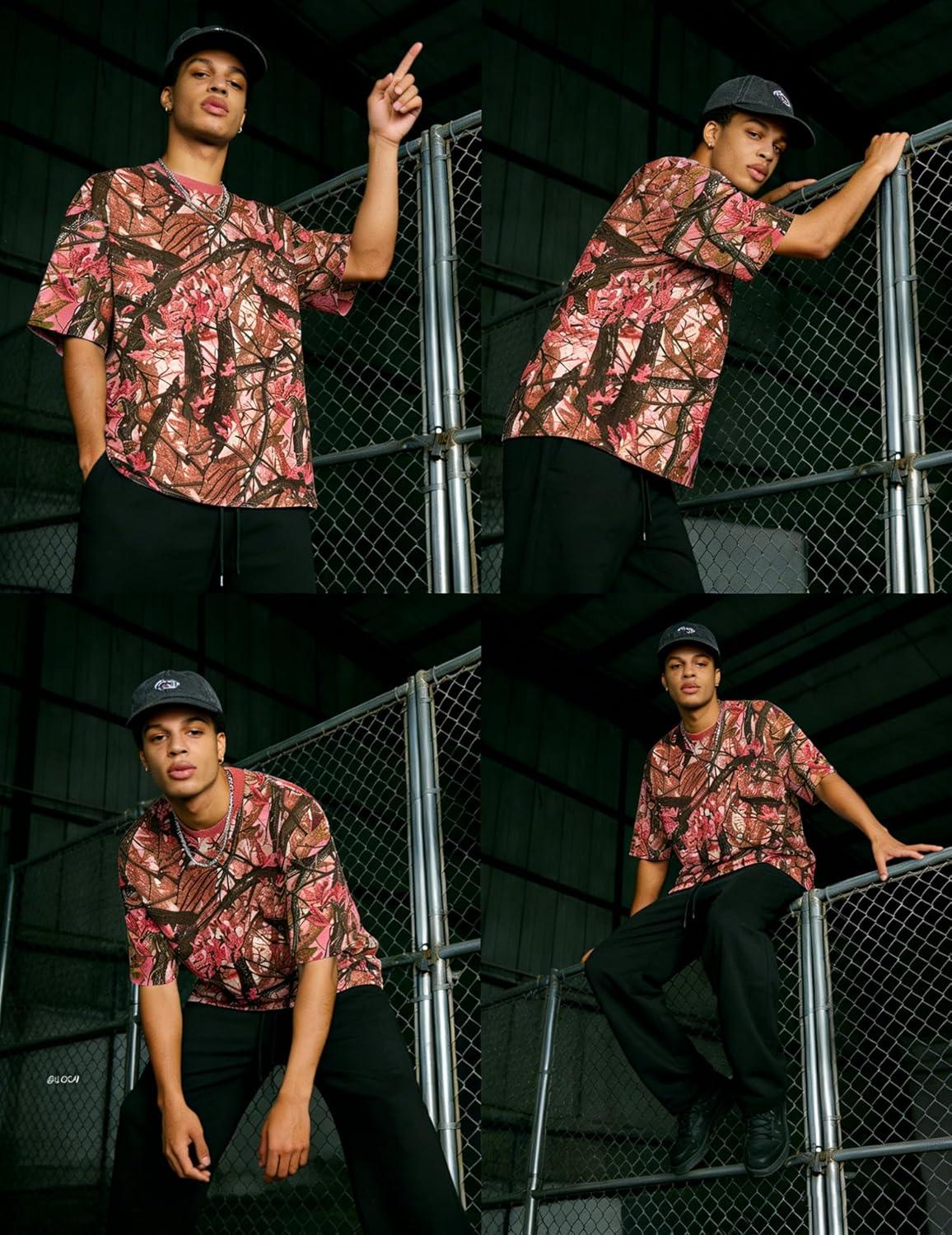 image:imageUOUA Mens Graphic Tees Vintage TShirts Oversized Letter Print Casual Crewneck Cotton Top Short Sleeve Rapper StreetwearPink Leaves