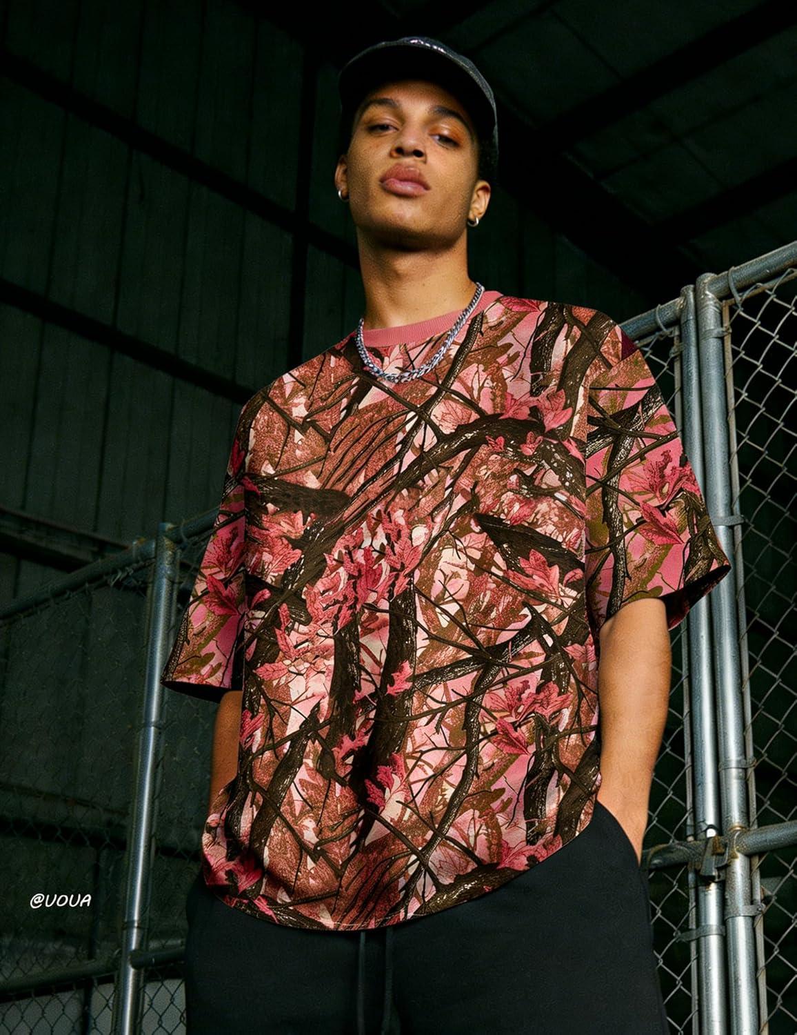 image:imageUOUA Mens Graphic Tees Vintage TShirts Oversized Letter Print Casual Crewneck Cotton Top Short Sleeve Rapper StreetwearPink Leaves