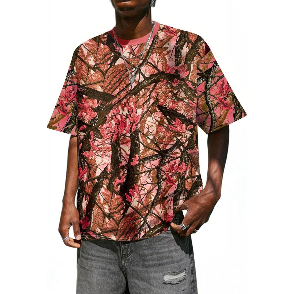 image:imageUOUA Mens Graphic Tees Vintage TShirts Oversized Letter Print Casual Crewneck Cotton Top Short Sleeve Rapper StreetwearPink Leaves