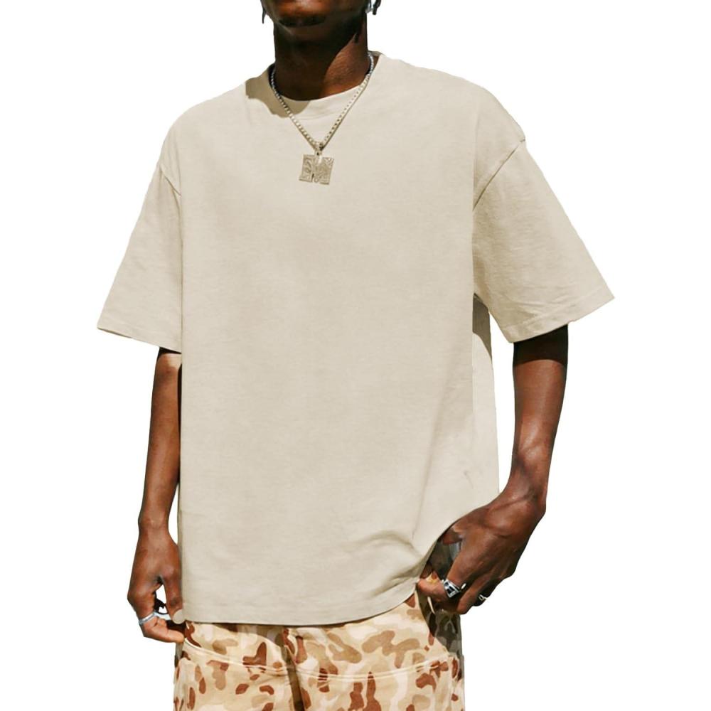 image:imageUOUA Mens Graphic Tees Vintage TShirts Oversized Letter Print Casual Crewneck Cotton Top Short Sleeve Rapper StreetwearPlain Apricot