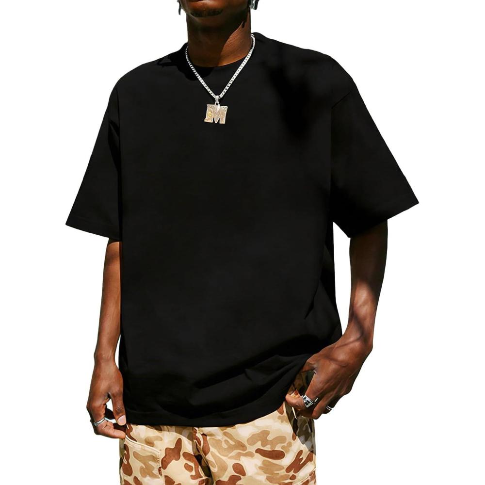 image:imageUOUA Mens Graphic Tees Vintage TShirts Oversized Letter Print Casual Crewneck Cotton Top Short Sleeve Rapper StreetwearPlain Black
