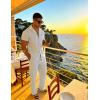 image:imageUOUA Mens 2 Piece Linen Set Summer Beach Button Down Short Sleeve Shirt Long Pant Vacation Casual OutfitLight Blue