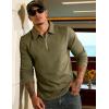 image:imageUOUA Mens Polo Shirt Quarter Zip Tops Soild Casual Geometric Texture Long Sleeve Sweaters Pullover Golf SweatshirtsArmy Green