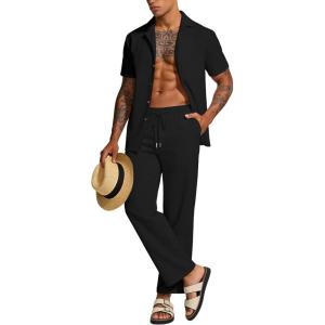 image:imageUOUA Mens 2 Piece Linen Set Summer Beach Button Down Short Sleeve Shirt Long Pant Vacation Casual OutfitBlack