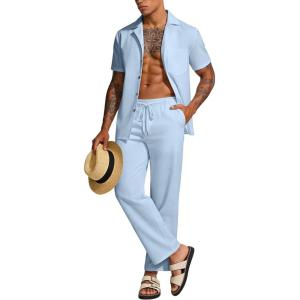 image:imageUOUA Mens 2 Piece Linen Set Summer Beach Button Down Short Sleeve Shirt Long Pant Vacation Casual OutfitLight Blue