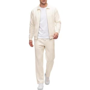 image:imageUOUA Mens 2 Piece Tracksuits Set Casual Jacquard Sweatsuits Outfits FullZip Jakcet amp Loose Jogging PantsBeige