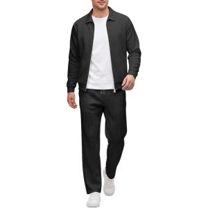 image:imageUOUA Mens 2 Piece Tracksuits Set Casual Jacquard Sweatsuits Outfits FullZip Jakcet amp Loose Jogging PantsBlack