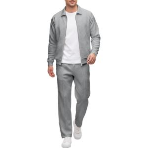 image:imageUOUA Mens 2 Piece Tracksuits Set Casual Jacquard Sweatsuits Outfits FullZip Jakcet amp Loose Jogging PantsLight Grey