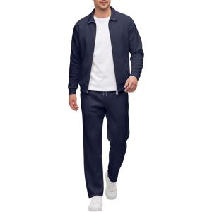 image:imageUOUA Mens 2 Piece Tracksuits Set Casual Jacquard Sweatsuits Outfits FullZip Jakcet amp Loose Jogging PantsNavy Blue