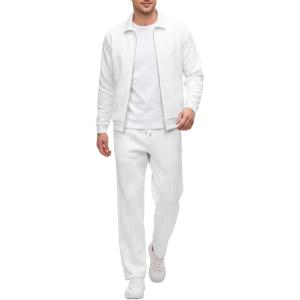 image:imageUOUA Mens 2 Piece Tracksuits Set Casual Jacquard Sweatsuits Outfits FullZip Jakcet amp Loose Jogging PantsWhite