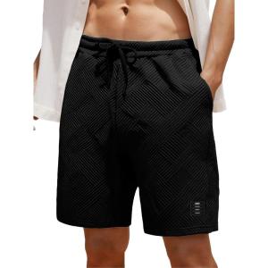 image:imageUOUA Mens Casual 7 Shorts Drawstring Elastic Waist Texture Summer Beach Sweat Shorts with PocketsBlack